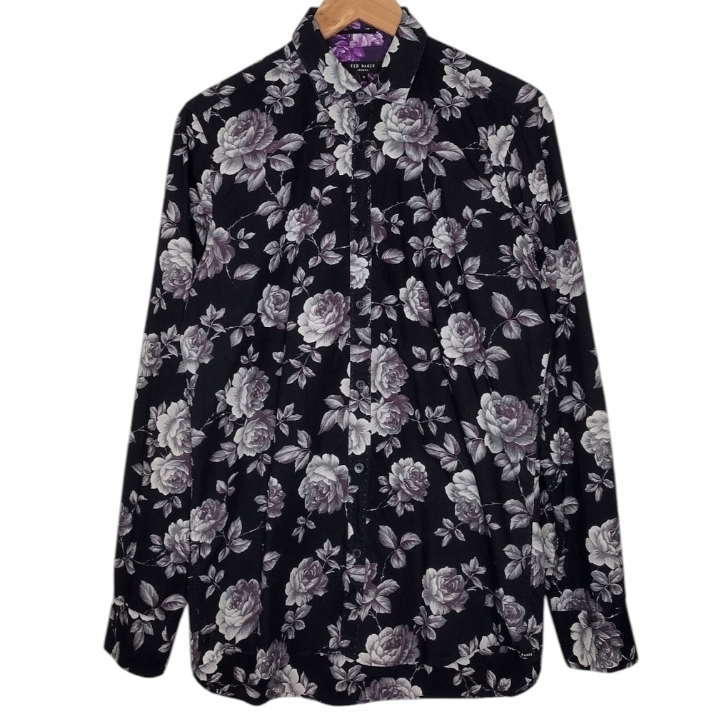 Ted Baker Floral Print Slim Fit Long Sleeve Casual Button Down Shirt Sz 2